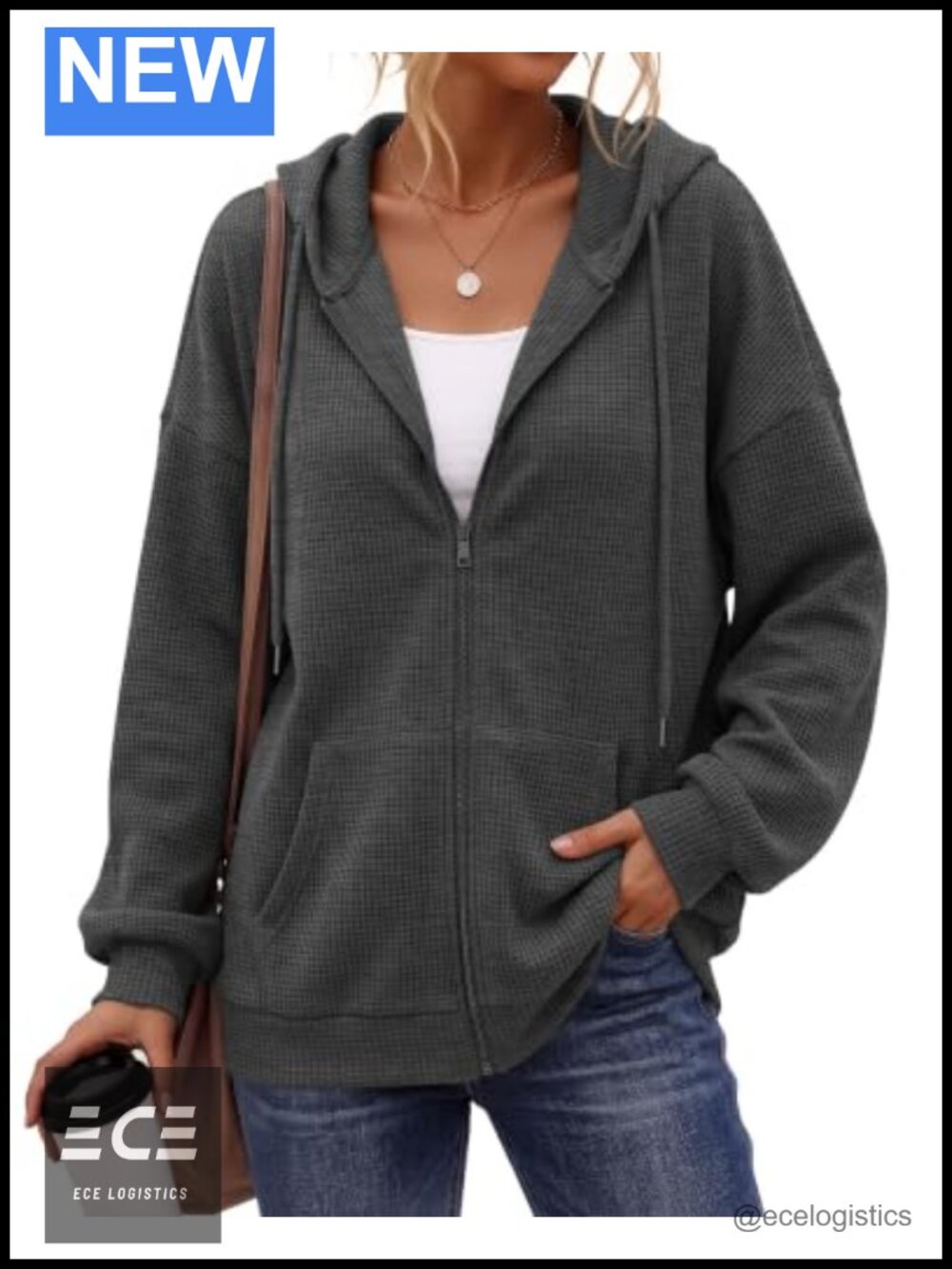 Waffle Knit Zip Up Hoodie Long Sleeve Jacket with Pockets